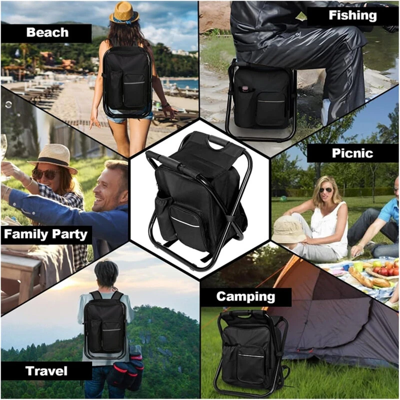 (image for) IPRee Outdoor Folding Camping Fishing Chair Stool Portable Backpack Cooler Insulated Picnic Bag Hiking Seat Table Bag Camping Fishing Gear